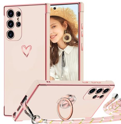 TVVTPU Handyband für Samsung Galaxy S23 Ultra Hülle mit Band, Herz Muster Handyhülle mit Ring Ständer Stoßfeste Kratzfest Bumper Outdoor Schutzhülle Case mit Kordel zum Umhängen (Abnehmbar), Rosa