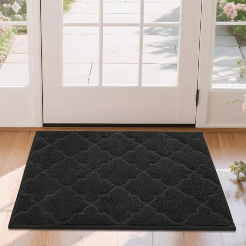 COSY HOMEER Front Door Mat 50x80 CM, Dirt Trapper Floor Mat, Polyester Welcome Door Mat for Kitchen Room Office Entryway Doors, Absorbent Non-Slip Low Profile Indoor Doormat, Machine Washable, Black