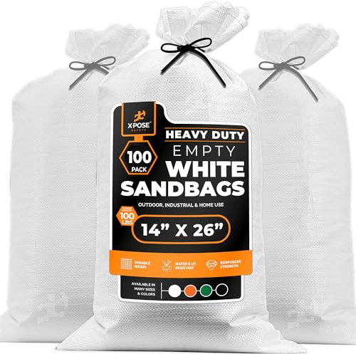 Xpose Safety Heavy Duty Sand Bags with Tie Strings – Empty Woven Polypropylene Sandbags for Hurricane Flood Protection, 100 lb Capacity, 14 x 26, White, Pack of 100
