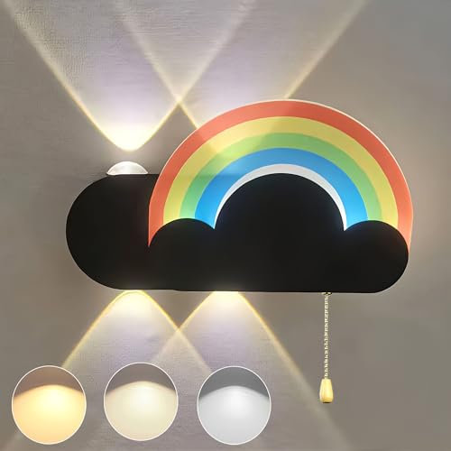KZT LED Kinderzimmer Wandlampe Innen Dimmbar Nachttischlampe mit Zugschalter Modern Wolken Regenbogen Wandleuchte Jungen Mädchen Kinderleuchten für Schlafzimmer Wohnzimmer Babyzimmer Hotel Nachtlicht