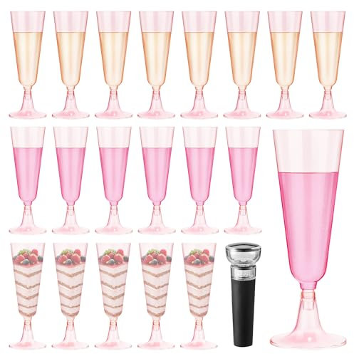 MAIXINNEW 20 Pcs Champagne Glasses Plastic Reusable 150ml, Sturdy Plastic Champagne Flutes, Wine Glasses Reusable with Wine Stopper Vacuum for Party, Wedding