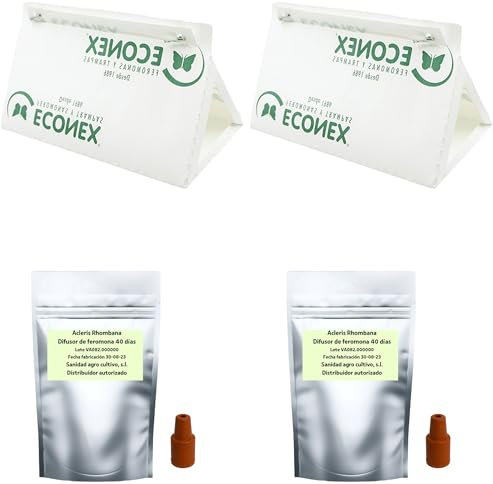 Bricoloco Kit de 2 pièges adhésifs avec 2 diffuseurs de phéromones comme anti-nuisibles contre les mites des fruits Acleris rhombana qui attaque les fruits, les baies, les tomates.
