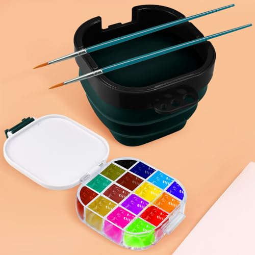 KLYNGTSK Faltbare Wasserbecher für Pinsel Wascheimer mit Leere Aquarellpalette Silikon Malerei Wasserbecher Pinselreiniger Pinselhalter Pinsel Waschen Eimer für Aquarell Ölgemälde, Dunkelgrün