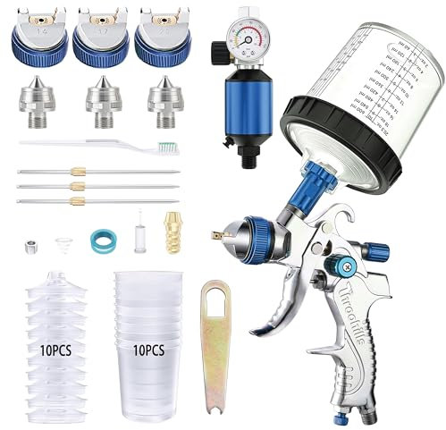 Throohills Professional HVLP Spray Gun, 1.4/1.7/2.0mm Nozzle HVLP High Atomization Flow Adjustable Pneumatic Gravity Spray Gun (Blue)