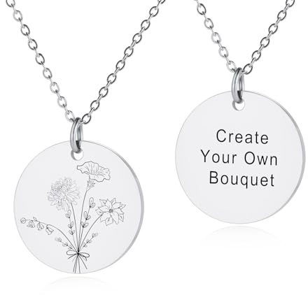 INBLUE Personalized Engraved Birth Flower Disc Necklace for Women Customized Text Stainless Steel Round Pendant Combined Birth Flower Bouquet Necklace Fashion Dainty Jewelry Gift for Birthday - A2