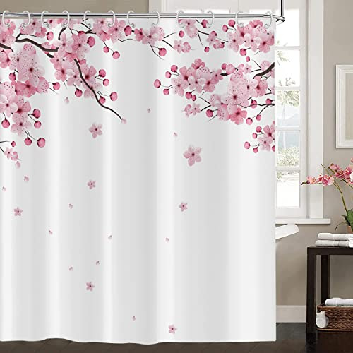 Hnmdmyi Cortina de Baño Flor de Cerezo 120x200, Cortina de Baño Flores Rosa Estilo japonés asiático Sakura Art Cortina de Baño Tejido Poliéster Impermeable Lavable para Baño con Ganchos