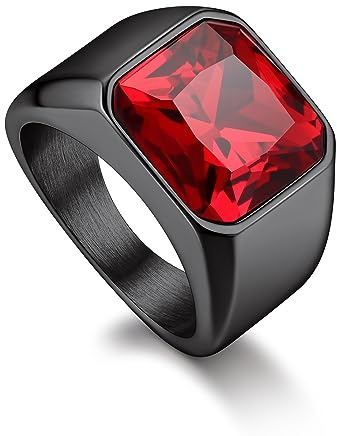 Bandmax Bague Pierre Rouge Taille 64, Bague Homme Noir Orné de Rubis en Verre K9 de 12mm