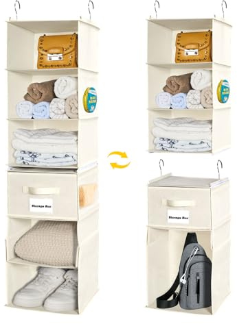 BrilliantJo 6 Fächern hängeregal Kleiderschrank Organizer Flexible 1 Split in 2, Faltbare Hängeaufbewahrung mit 1 Schubladen Eisengestell Hängeorganizer Ordnungssystem Set - Beige 30 x 30 x 110 cm