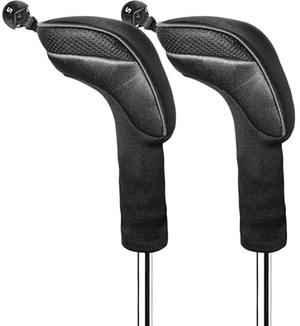 FINGER TEN Golf Club Head Covers Woods Hybrids Long Cover, Headcovers with Interchangeable No. Tags Fit All Hybrids Wood Clubs Light Durable (Dark-2 Pack Hybrid Covers)