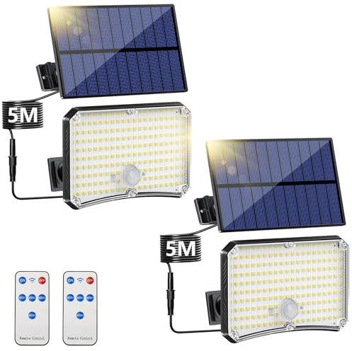 TOPPELIGHT Solarlampen für Außen 2 Stück Solarleuchte mit Bewegungsmelder [200 LED] Solarleuchten für Außen 4 Modi IP65 Wasserdichte Solar Strahler mit 5M Kabel
