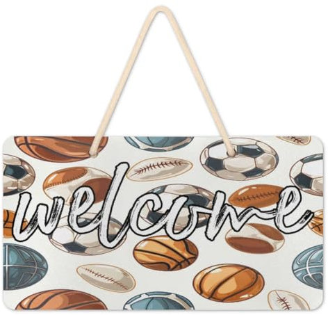 Tablerazzi Sport Basketball Soccer Welcome Sign Front Door Decoration Wooden Hanging Sign Wall Decor for Home Outdoor Indoor