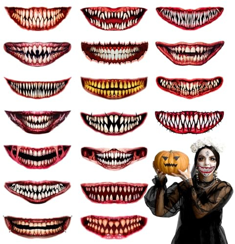 18 Foglio Tatuaggio della Bocca di Halloween, Tatuaggio Viso Bocca Impermeabili, Tattoo Temporanei Adesivi per Horror Halloween, per Horror Halloween Carnevale Viso Make Up