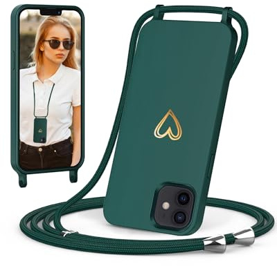 ScandiCasis Handykette für iPhone 12 Mini mit Band, Handyhülle mit Schnur zum Umhängen, Weiche TPU Silikonhülle mit Band [Verstellbar] [Abnehmbar], Love Design Halskettenhülle, Grün