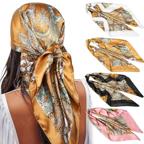 WELROG 4 Pack Pañuelos Cabeza Mujer - 90 * 90 cm Bandanas Grandes Pañuelos Cuadrados como seda Bufanda de pelo Mancha Diadema para Niñas