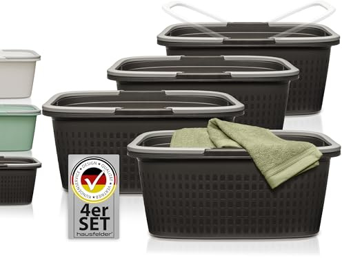 Hausfelder Wäschekorb stapelbar 35L, 4er Set, 58x37x25cm, Anthrazit-Schwarz | 4er Set Wäschewanne schwarz mit Henkel aus Kunststoff, 58x37x25cm Wäschekörbe für Bad & Camping