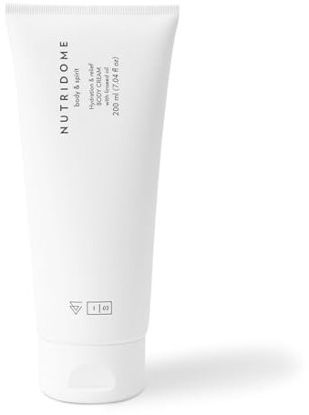 Nutridome - Crème pour le corps à l'huile de lin 200 ml - Lotion corporelle pour peau sèche, hydratation intense et apaisement de la peau, régénérante, crème réparatrice pour femmes, crème hydratante