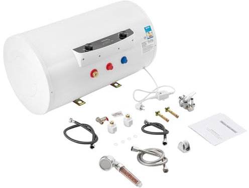 Set scaldabagno elettrico ad accumulo 70L, scaldabagno elettrico a serbatoio 220V con doccetta e tubo, boiler orizzontale con elemento riscaldante in acciaio inox 25–75°C IPX4