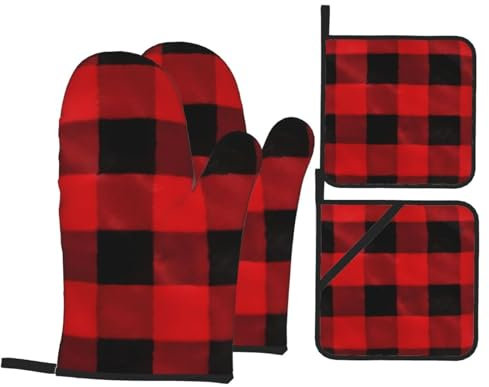 YYHHAOFA Set di quattro pezzi da cucina con motivo scozzese a quadri rosso nero - guanto da forno isolato e presine spessi e resistenti