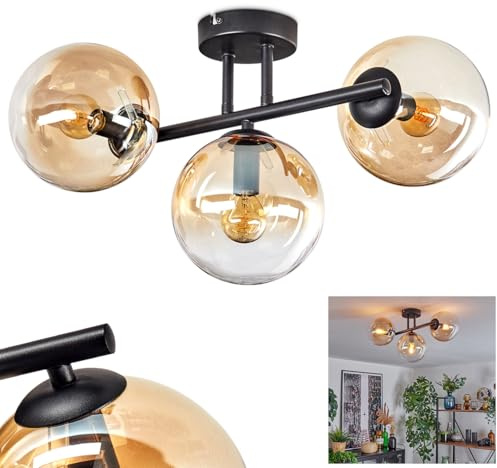 HOFSTEIN Deckenleuchte Gastor, 3-flammige Deckenlampe aus Metall/Glas in Schwarz/Bernstein/Klar, moderne Leuchte im Retro/Vintage-Design (Schirme Ø 15cm), E14, Esszimmer, Wohnzimmer, Küche, Flur, Büro