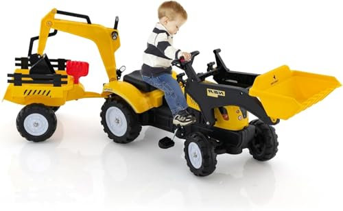 DREAMADE Trettraktor, Kindertraktor mit Anhänger & Schaufel & Frontlader, Kinderbagger Sitzbagger mit Hupe & Rechen, Tretfahrzeug für Kinder ab 3 Jahren (Gelb)