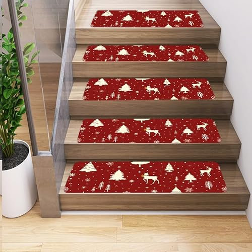 Odot Treppenstufen Matten,Stufenmatten,Stilvolle Weihnachtsdrucke Treppenteppich,Gummimatte Außenbereich,Stufenmatten Innen,100% Polyester TPU -Rücken für Kinder,Älteste (5 Stück,Elch)