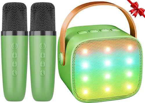 Ankuka Karaoke 2 Micrófonos Inalambricos Karaoke Infantil Altavoz Bluetooth con Luces LED, Juguetes para Niña 4 5 6 7 8 9 10 11 12 Años, Niña, Partir, Cumpleaños(Verde)