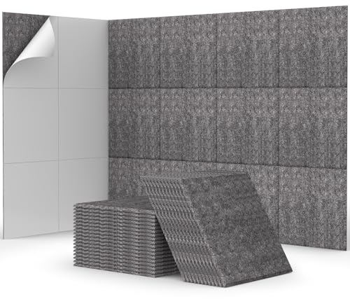 48 Pack Sound Proofing Panels Self-adhesive, TONOR 30x30x0,9cm Square Acoustic Wall Absorbing Panels, High Density Insulation Treatment Soundproofing Panels for Recording Studio, Home, Offices, Grey