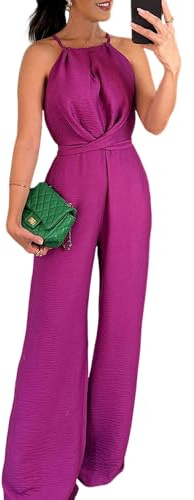 CHICME Women's Sexy Halter Jumpsuits Sleeveless Casual Ruched Rompers Wide Leg Jumpsuit Beach Summer Vacation Outfits Purple-XL