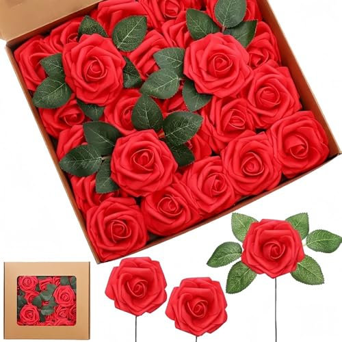 SurezoTich Red Rose 25Pcs, Foam Roses, Artificial Flower, Fake Flowers for Home Decor, Wedding, Table Centerpieces