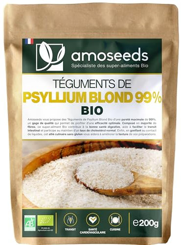 Psyllium Blond Bio | Téguments Purs 99% | 88% de Fibres, Transit, Sans gluten | Qualité Supérieure… (Psyllium 200G)