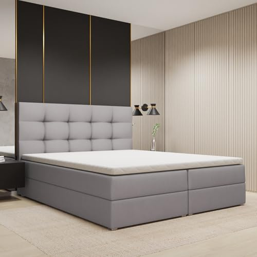 FurniDe24 Boxspringbett Piko, 2 Bettkästen, Grau, Samt, 140x200cm | Doppelbett mit Taschenfederkernmatratze H3, 3 cm hohem Topper, gestepptem Polsterkopfteil und verstärktem Rahmen