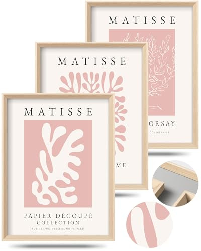 HesenDot A3 Abstrakte Matisse Bilder Rosa mit Holz Hochrahmen Set 3 | 30x40cm Abstrakte Leinwanddruck, Kunstdrucke Wanddeko für Wohnzimmer Schlafzimmer Bad Küche Büro