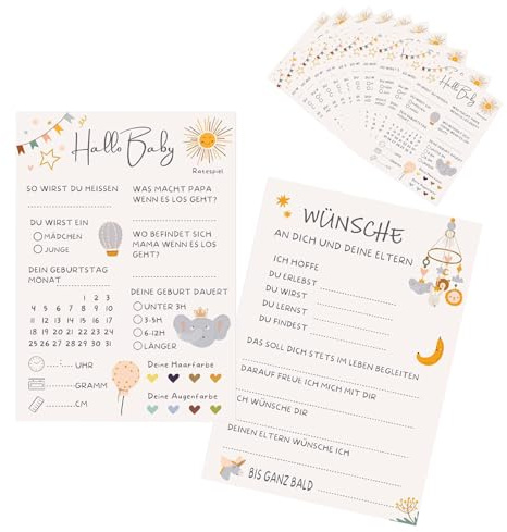 Gleemix 10 x Babyparty Spiele Karten, Tolles Spiel für Gender Reveal, Babyparty Karten zum Ausfüllen für Mädchen und Jungen, Beidseitig Bedruckt, Deutsch, mit Elefante Design