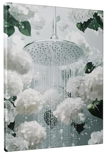 Soffione doccia floreale su tela, stampa con fiori primaverili bianchi e verdi, elegante decorazione per bagno, soggiorno, camera da letto, elegante decorazione estetica per la casa, 20 x 25 cm
