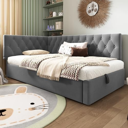 NovaFurnish Polsterbett Tagesbett Daybett 90x200cm, Schlafsofa mit hydraulischem Stauraum, Kinderbett Jugendbett Bettgestell mit Lattenrost aus Holz, Samt, Grau, ohne Matratze.