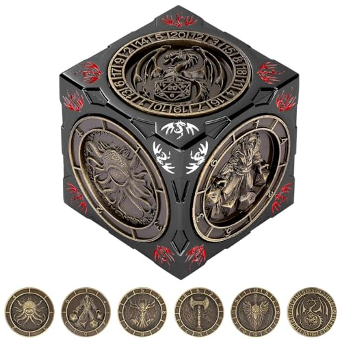 DND Spinner Würfel, 7-in-1 Metall Würfel Set, 3D-Relief Design, DND Polyedrische Rotierende Spielwürfel, D&D Geschenke mit Drachen Logo Geschenkbox, RPG, Rollenspiel Brettspiel Zubehör, Schwarz