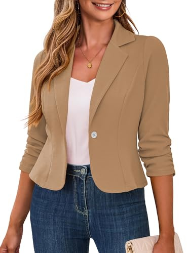 Traleubie Women's Cropped Blazer Lightweight 3/4 Sleeve Business Casual Suit Jackets with Button Drak Khaki M