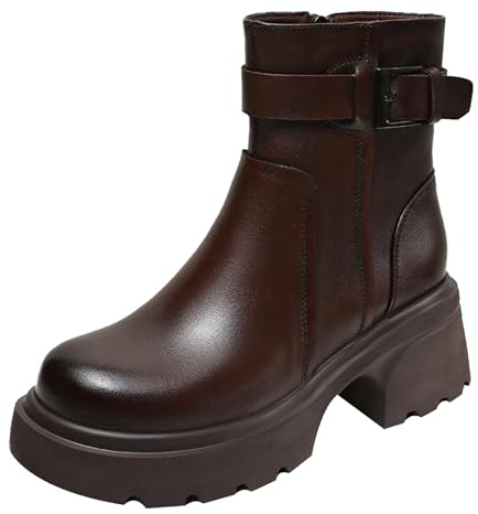 Momolaa UK Size 6 Chunky Platform Ankle Boots for Women Low Chunky Block Heel Lug Sole Side Zipper Fall Heeled Combat Gothic Motorbike Biker Boots Brown