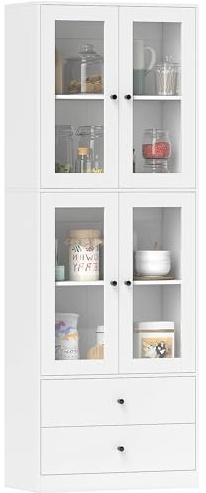 HOMCOM Alacena de Cocina Alta con 4 Puertas de Vidrio 59x30x170 cm Blanco | Mueble Auxiliar de Cocina, 2 Cajones, Estantes Ajustables