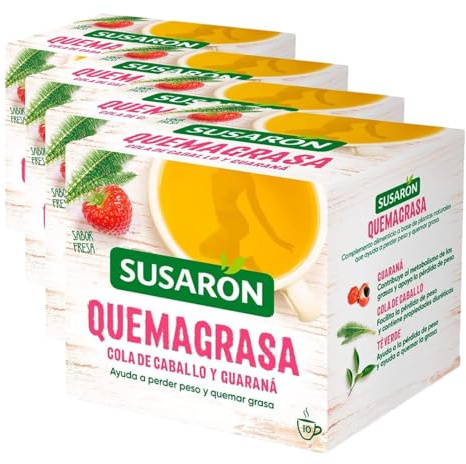 Susarón | Infusión Quemagrasa Cola de caballo y Guaraná | Sabor Fresa | Caja 10 bolsitas (Paquete de 4)