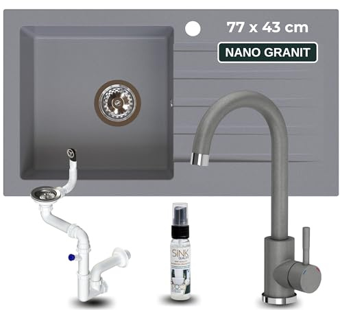 SINK QUALITY Küchenspüle grau mit Armatur - Spülbecken 77x43 cm - inkl. Siphon und Imprägniermittel - Einbauspüle für 45er Unterschrank - Granitspüle mit Abtropffläche