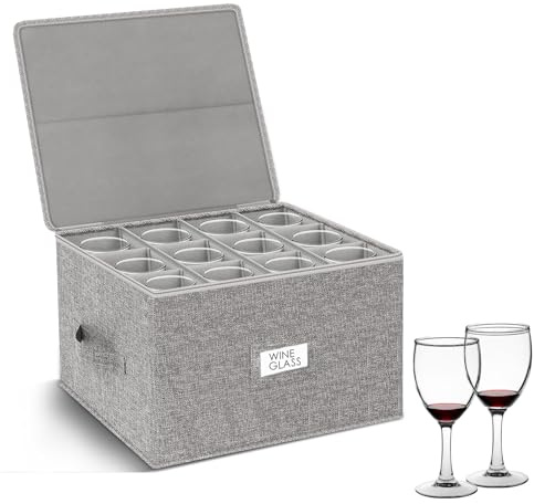 1 Pack Hard Shell Wine Glass Storage Box with Lid , Stackable Stemware Container Cases, Glasses Box with Label Holds Up to 12 Crystal Drinkware 23cm Tall, Kitchen, Moving House Essentials, Grey
