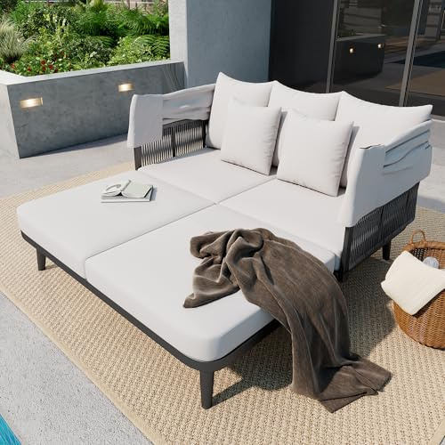 Mrwoo Gartenmöbel Set, Loungesofa mit Einziehbarer Markise, Handgewebtes Seil, als Outdoor Bett Nutzbar, Sonnenliege für Terrasse, Terrassenmöbel Außen, Grau