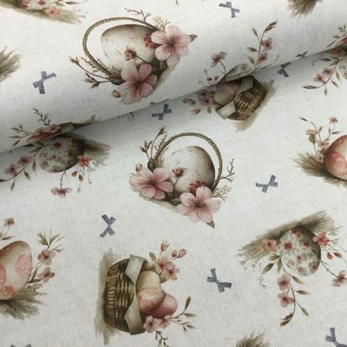 Canvas Baumwolle EGGSplosion - Ostern – Hasen & Ostereier auf Hellgrau – Dekostoff - Meterware ab 0,5 m -für Kissen, Taschen, Tischdecken & Osterdeko (Osterkörbchen)