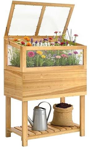 Outsunny Hochbeet mit Frühbeetaufsatz Holz Regal 80x45x108,5cm Naturholz | Ergonomisch Erhöhter Pflanzkasten, Aufklappbare Abdeckung, Vliesstoff, Gemüsebeet, Blumenkasten, für Balkon Garten