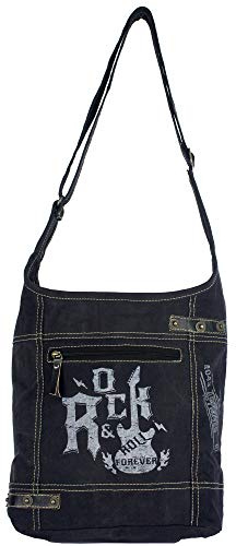 Sunsa Damen Hobo Tasche/Umhängetasche, aus Canvas. Nachhaltige Produkte, Groß Stoff Crossbody Bag, schwarze Schultertasche mit ROCK druck, Geschenkideen für Frauen/Mädchen | Schwarze Schultertasche. Crossbody Bag mit vertellbaren Crossover Taschengurt. Handtasche mit viel Fächer A4 geeigent
