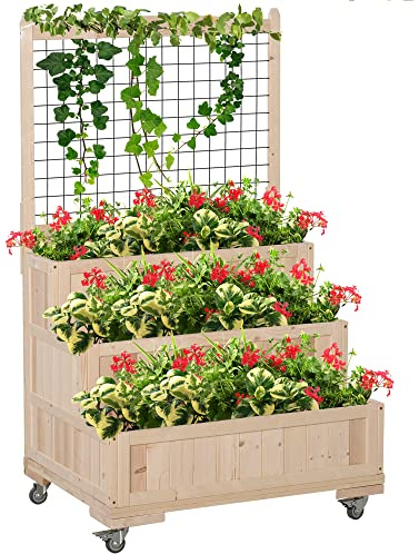 Outsunny 3-Tiers Raised Garden Bed with Trellis, 53 H Vertical Planter Box with Wheels & Back Storage Area, for Flowers, Vegetables, Herbs, Natural