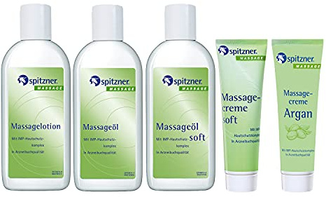 Spitzner Classic Massage Testset, 5-teilig Massageöl “Classic“ 200 ml+Massageöl “Soft“ 200 ml+Massagelotion „Classic“ 200 ml+Massagecreme: “Soft“ und “Argan“ je 50 ml