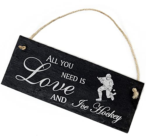 Schiefertafel Deko Eishockey Schild 22 x 8 cm - All you need is Love and Ice Hockey - Wanddeko Dekoration Türschild