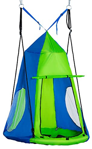 Outsunny Nestschaukel mit Zelt Ø100 cm Gartenschaukel mit Tür und Fenster Tellerschaukel Kinderschaukel Kinder Rundschaukel bis 200 kg belastbar Metall Grün+Blau